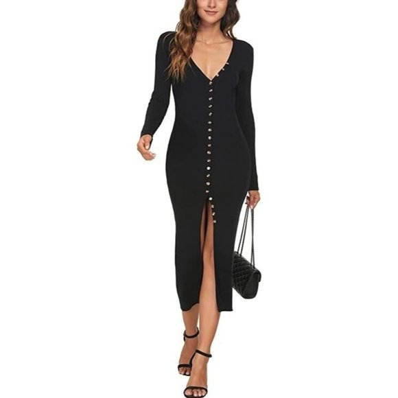 Black Deep V Neck Button Down Long Knit Bodycon Dress / Long Sleeve  Siz… - Picture 9 of 16